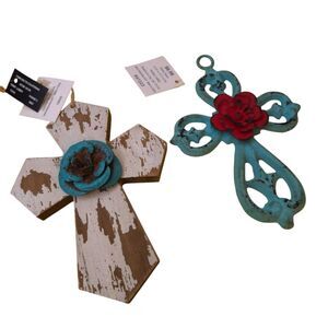 Turquoise & Red Flower Metal Wall Rustic Crosses Farmhouse Floral Destressed NEW